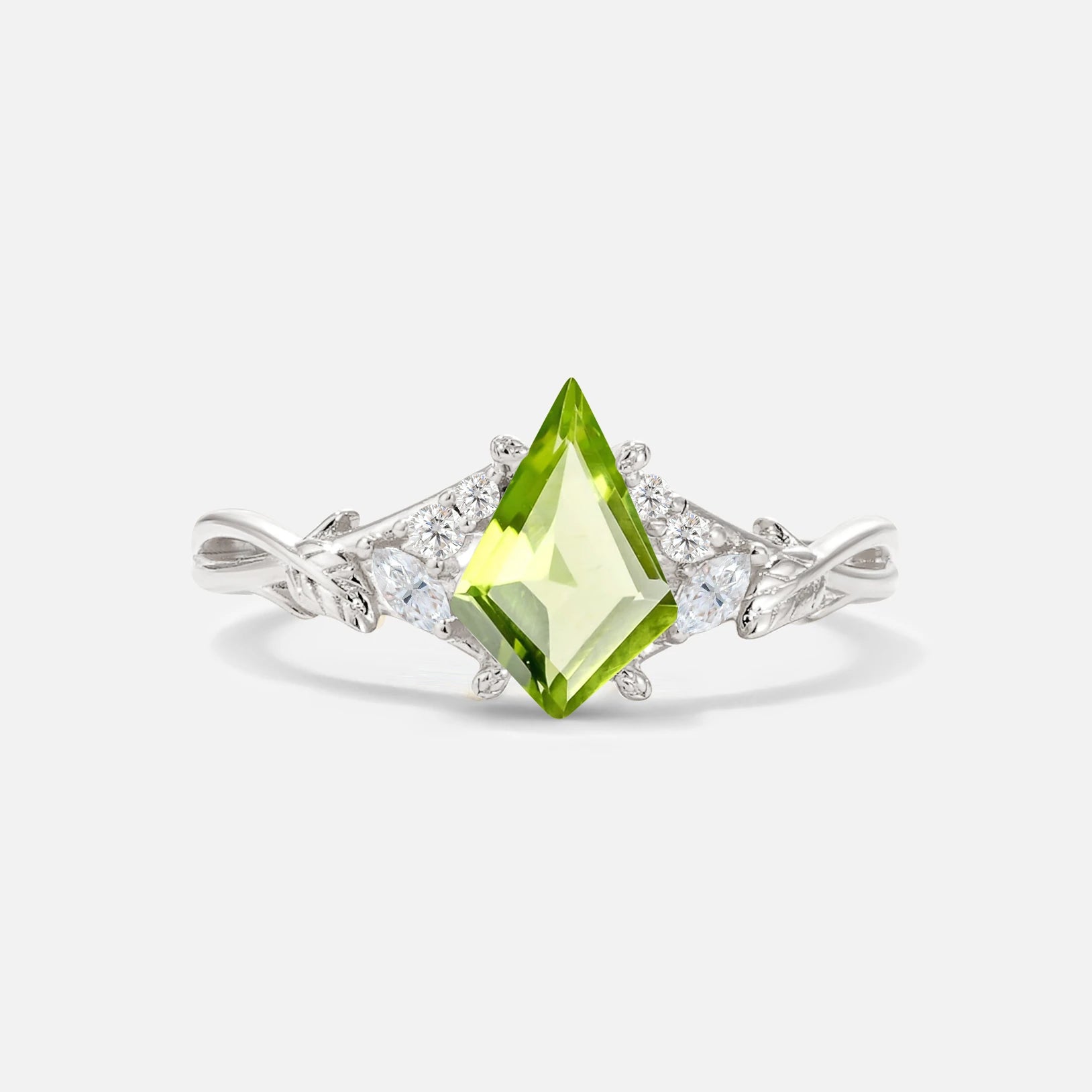 Kite Cut Peridot Engagement Ring with Marquise Side Stones and Vine Detail - Additional view