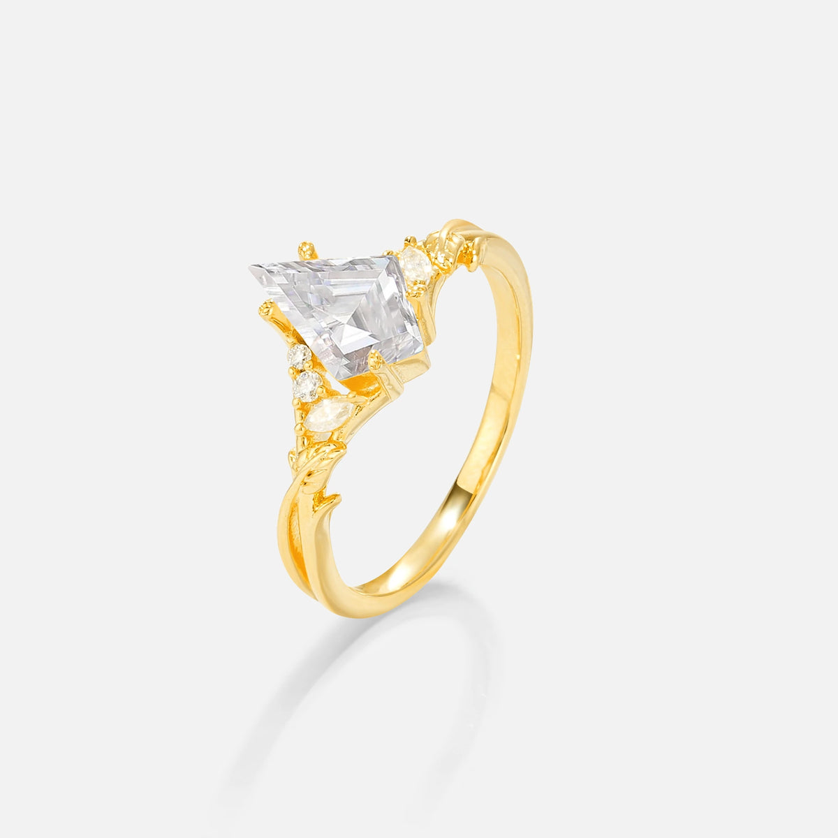 Kite Cut Moissanite Engagement Ring with Marquise Side Stones and Vine Detail - Additional view