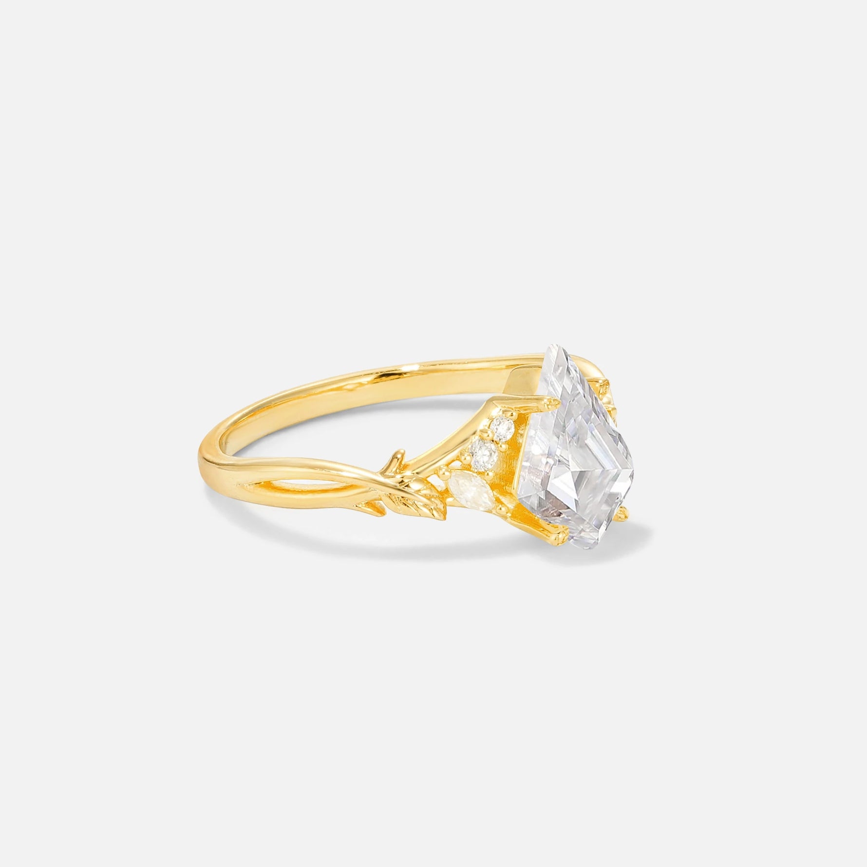 Kite Cut Moissanite Engagement Ring with Marquise Side Stones and Vine Detail - Additional view