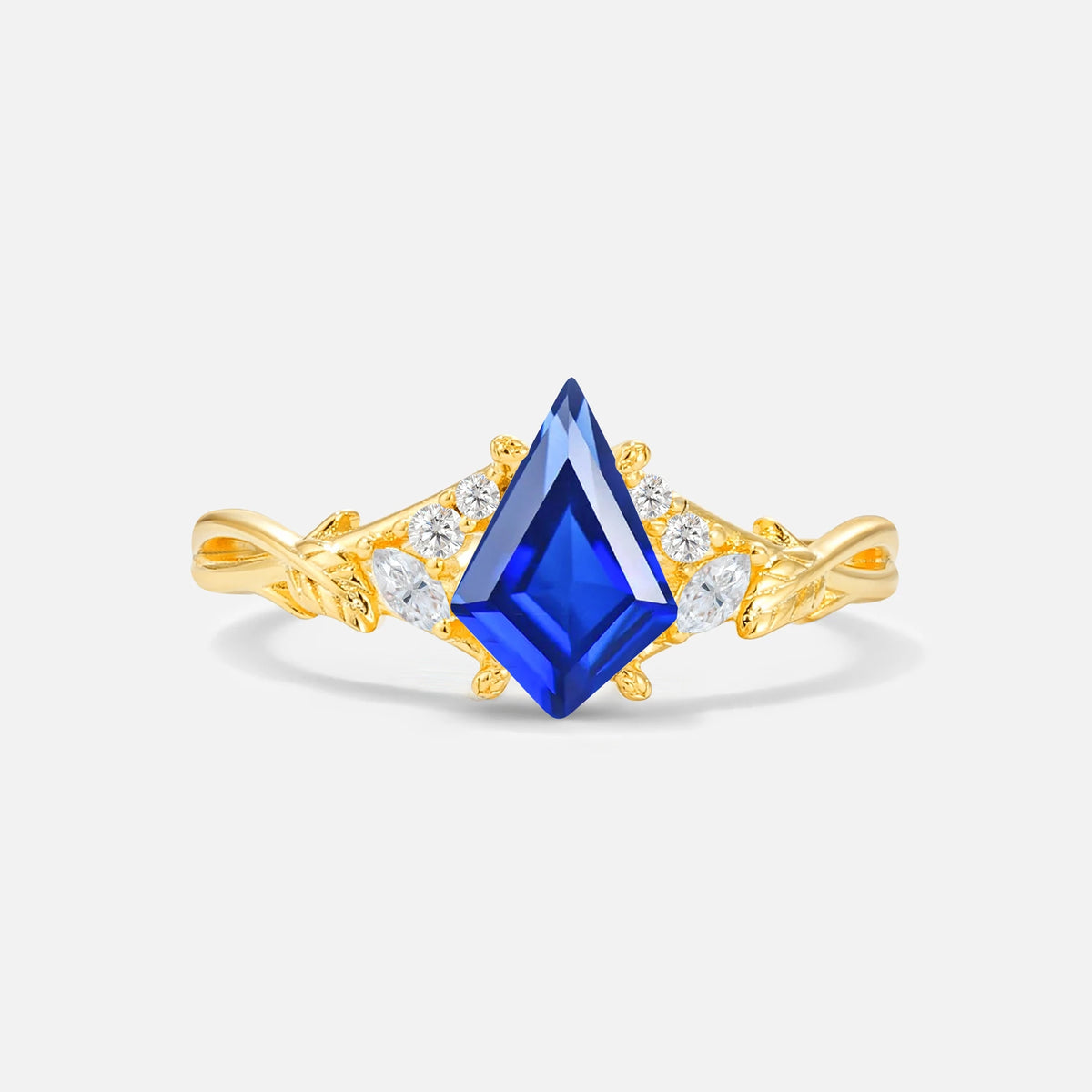 Kite Cut Sapphire Engagement Ring with Marquise Side Stones and Vine Detail - Additional view
