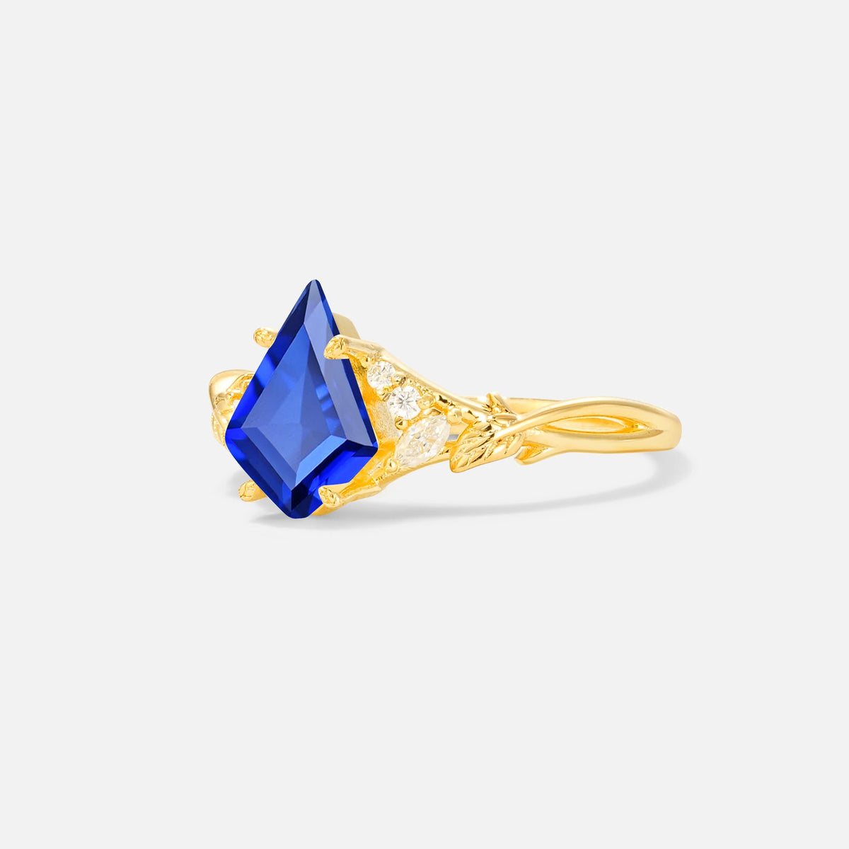 Kite Cut Sapphire Engagement Ring with Marquise Side Stones and Vine Detail - Additional view