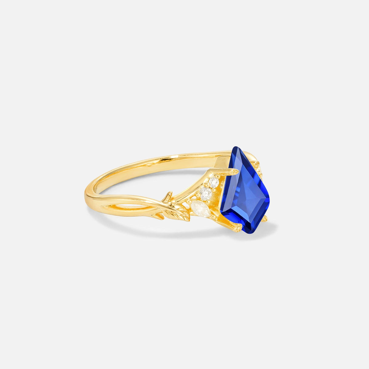 Kite Cut Sapphire Engagement Ring with Marquise Side Stones and Vine Detail - Additional view