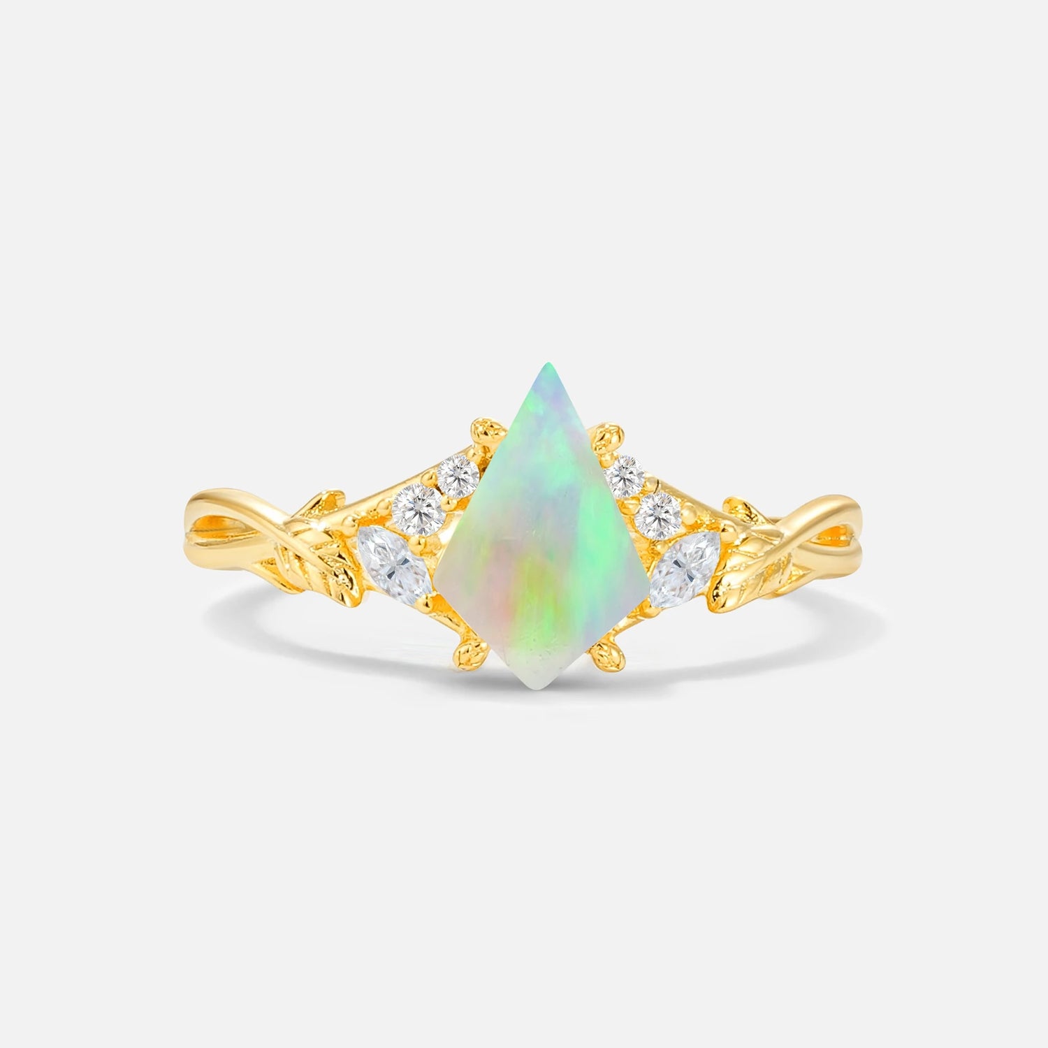 Kite Cut Fire Opal Engagement Ring with Marquise Side Stones and Vine Detail - Additional view
