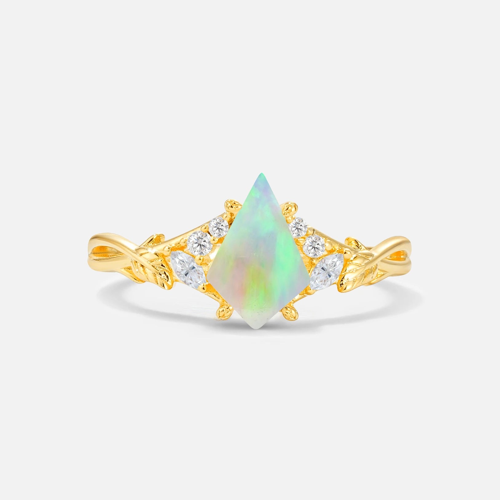 Kite Cut Fire Opal Engagement Ring with Marquise Side Stones and Vine Detail - Additional view