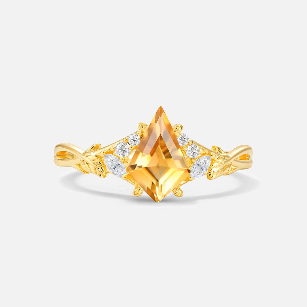 Kite Cut Citrine Engagement Ring with Marquise Side Stones and Vine Detail - Additional view