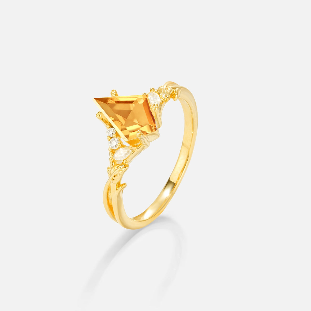 Kite Cut Citrine Engagement Ring with Marquise Side Stones and Vine Detail - Additional view