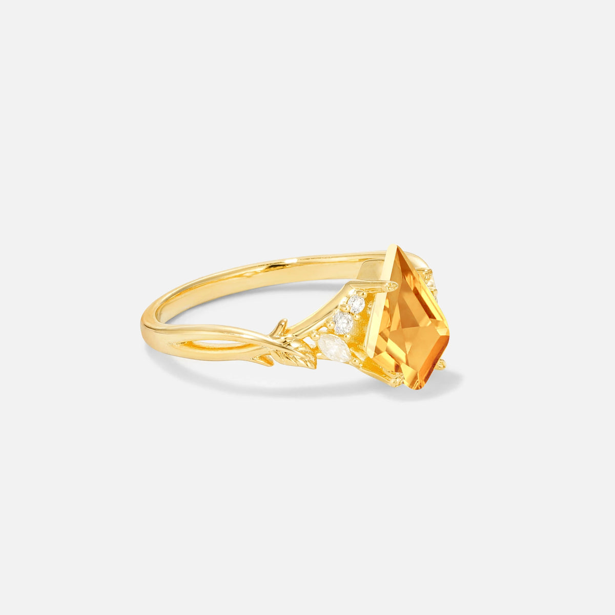Kite Cut Citrine Engagement Ring with Marquise Side Stones and Vine Detail - Additional view
