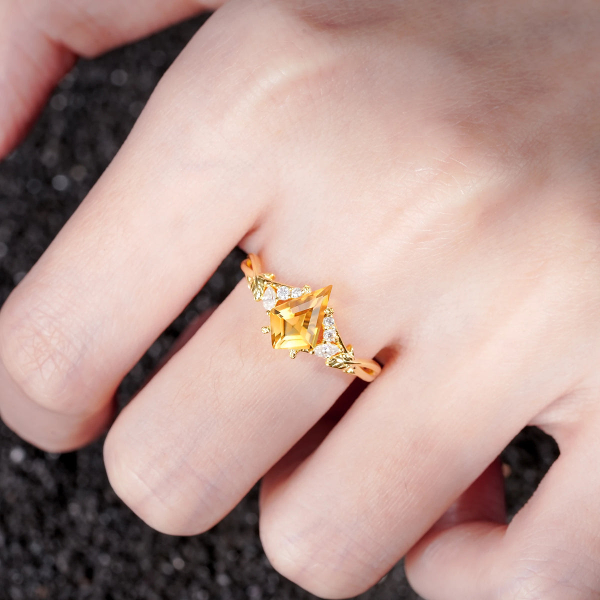 Kite Cut Citrine Engagement Ring with Marquise Side Stones and Vine Detail - Additional view