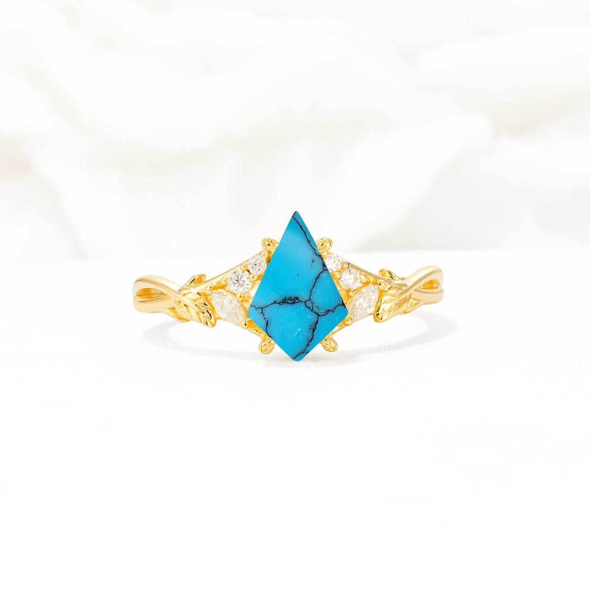 Nature-Inspired Kite Cut Turquoise Engagement Ring with Leaf Accents - Additional view