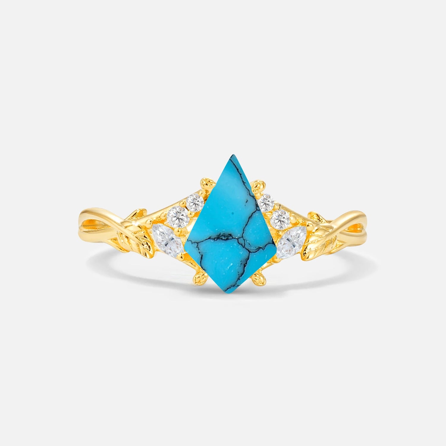 Nature-Inspired Kite Cut Turquoise Engagement Ring with Leaf Accents