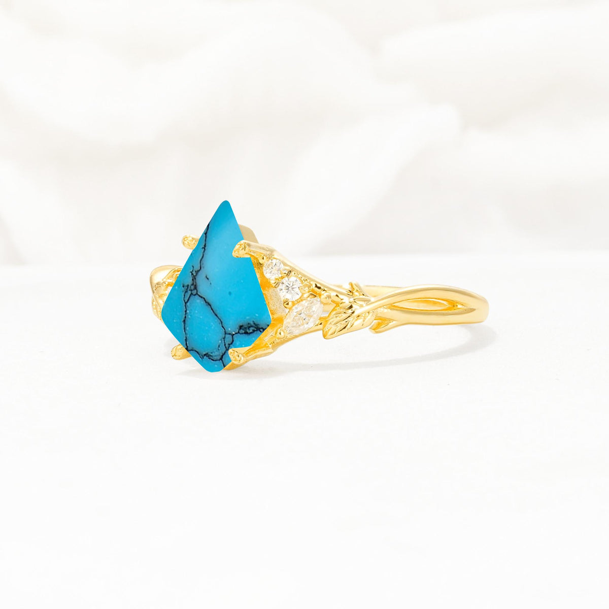 Nature-Inspired Kite Cut Turquoise Engagement Ring with Leaf Accents - Additional view
