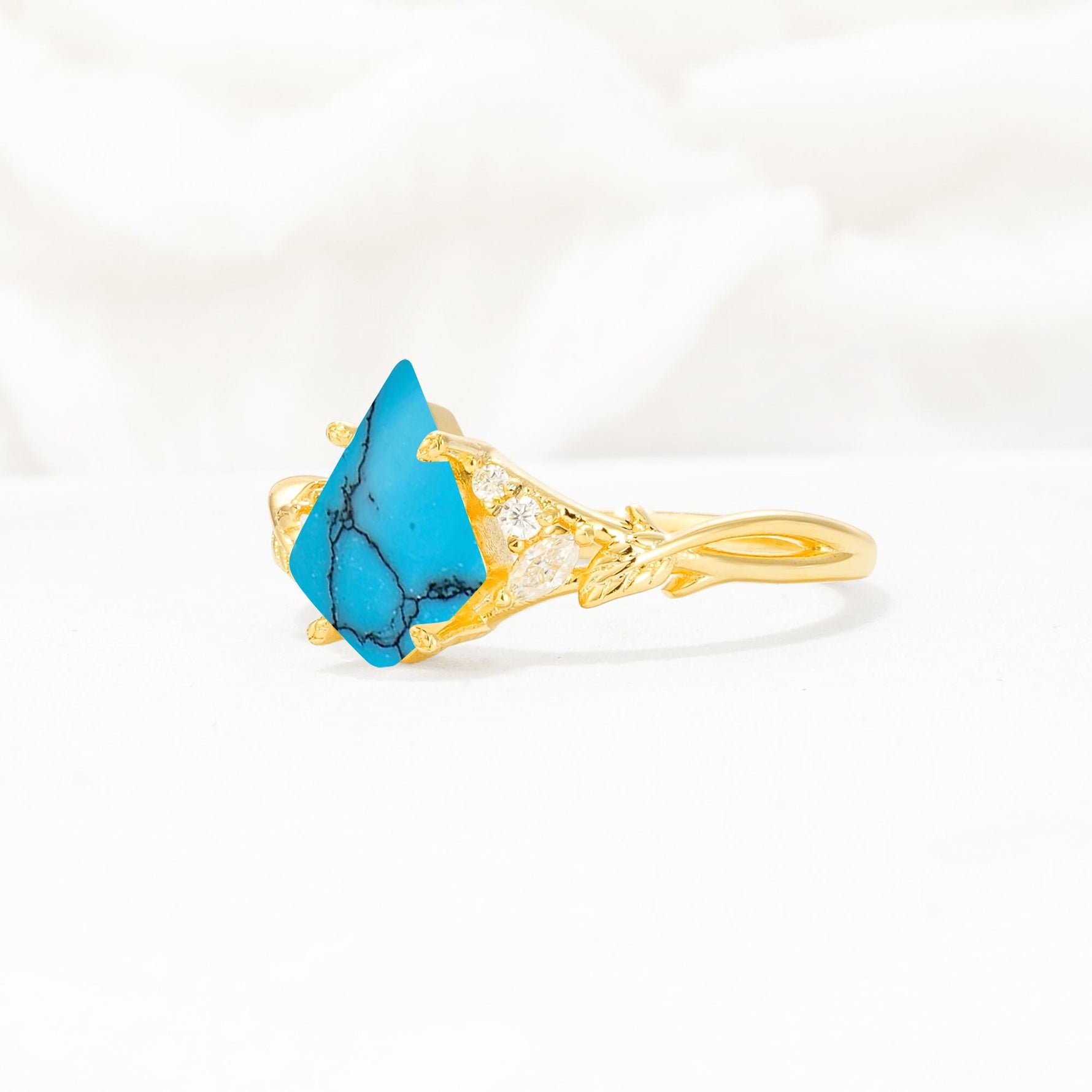 Nature-Inspired Kite Cut Turquoise Engagement Ring with Leaf Accents - Additional view