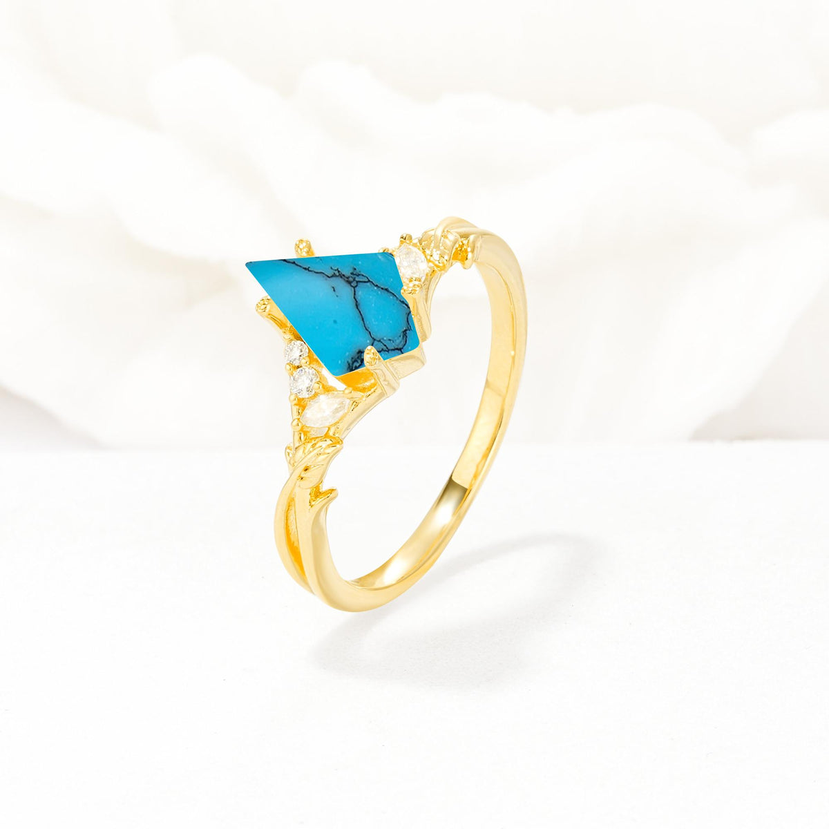 Nature-Inspired Kite Cut Turquoise Engagement Ring with Leaf Accents - Additional view