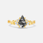 Kite Cut Black Rutilated Quartz Engagement Ring with Marquise Side Stones and Vine Detail - Additional view