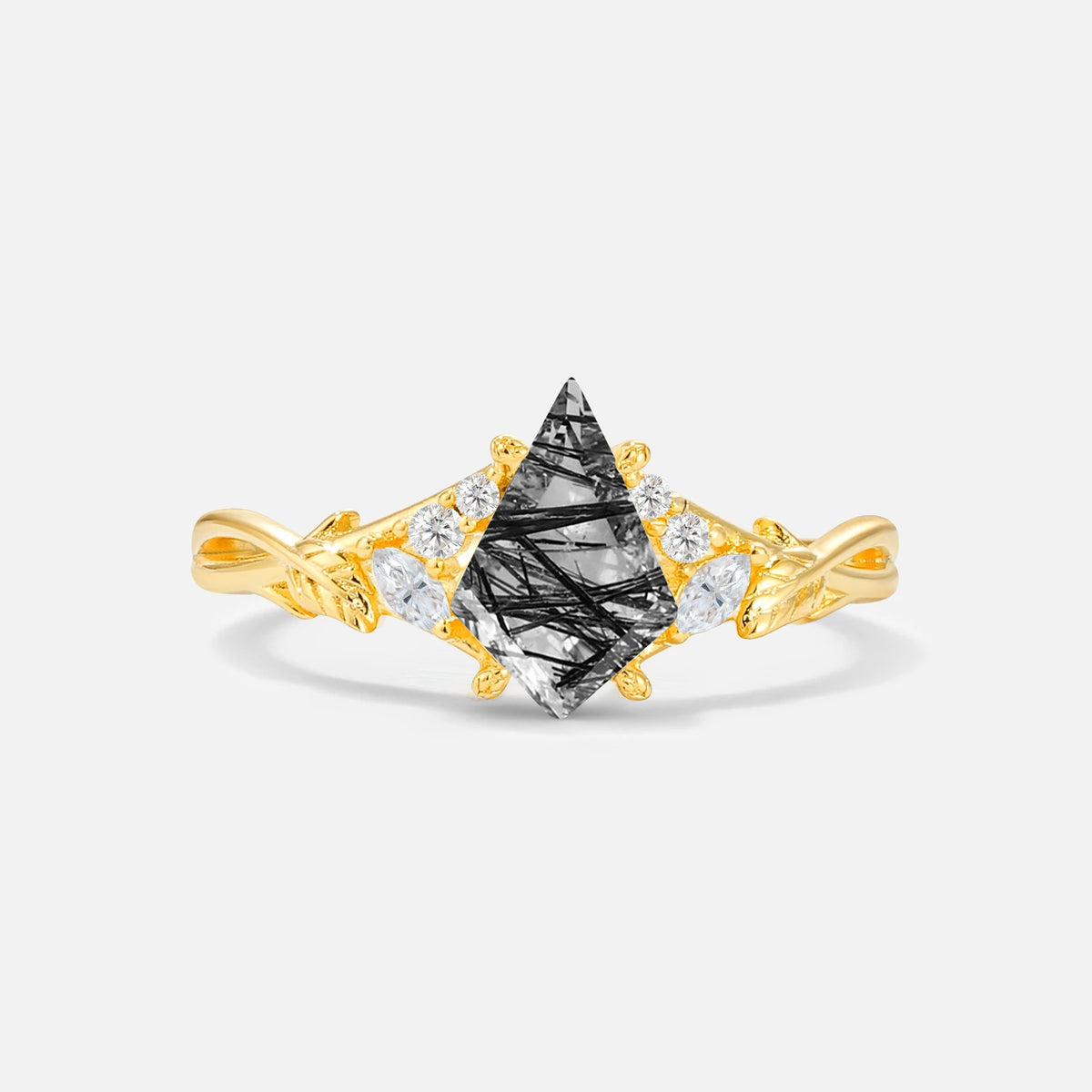 Kite Cut Black Rutilated Quartz Engagement Ring with Marquise Side Stones and Vine Detail - Additional view