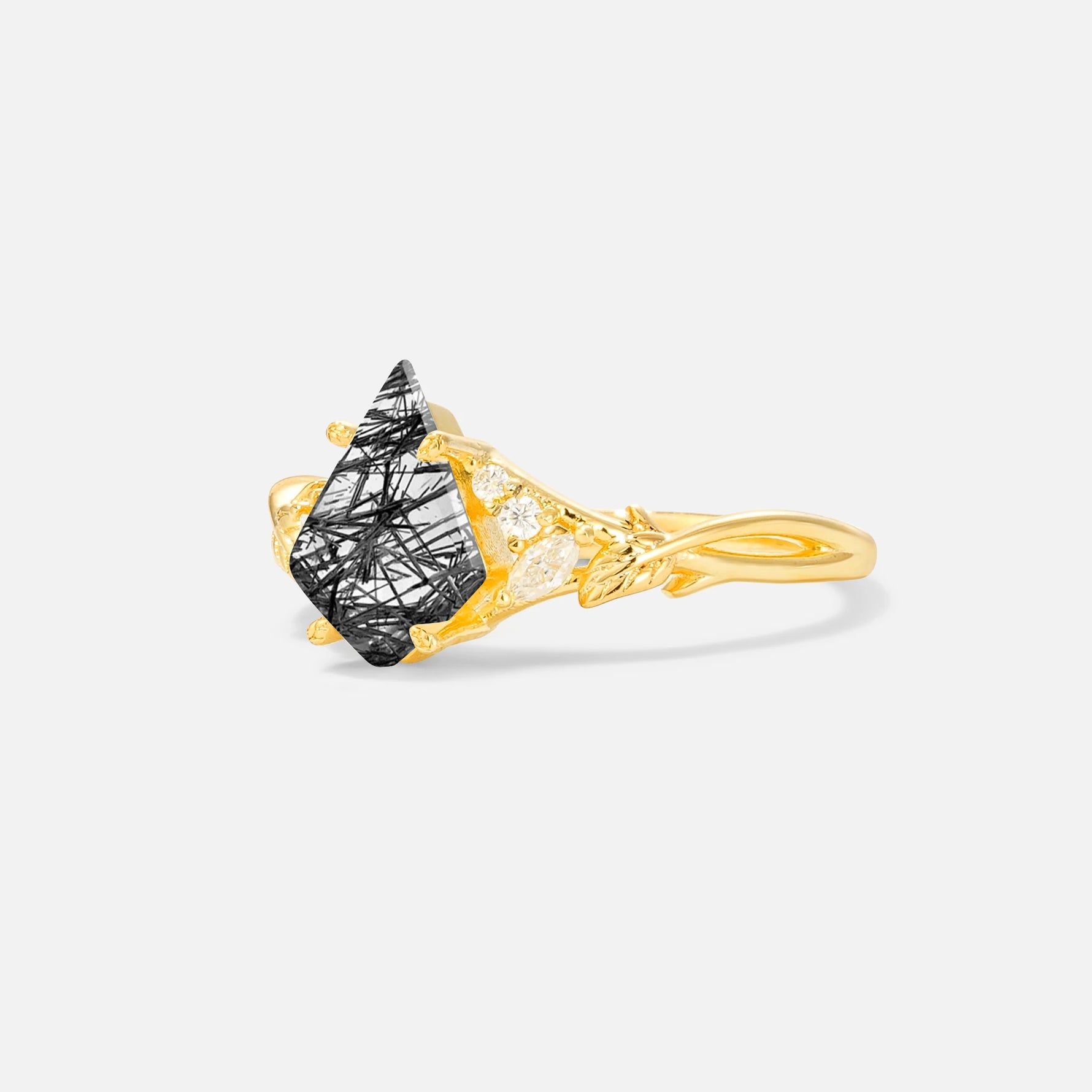 Kite Cut Black Rutilated Quartz Engagement Ring with Marquise Side Stones and Vine Detail - Additional view