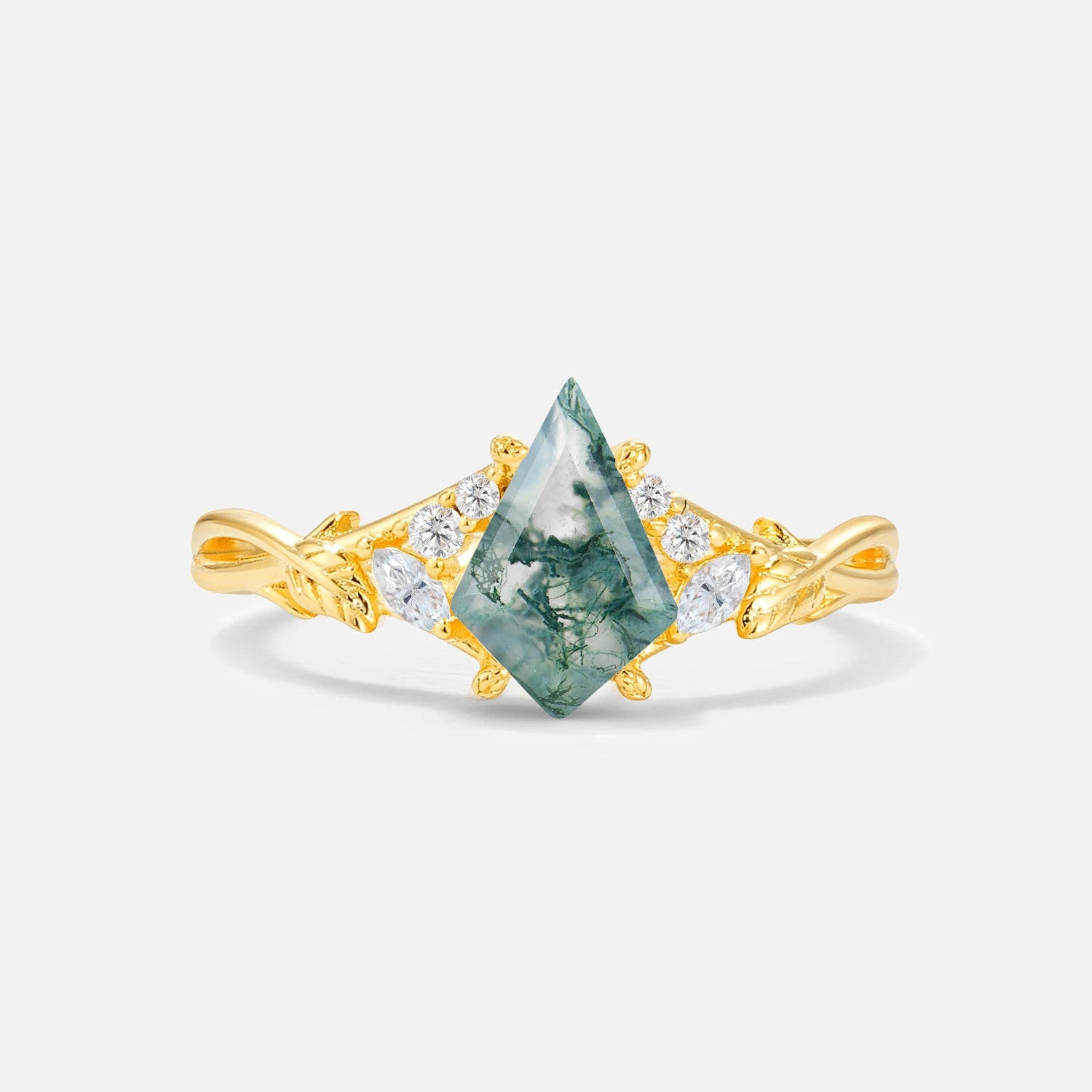 Kite Cut Moss Agate Engagement Ring with Marquise Side Stones and Vine Detail - Additional view