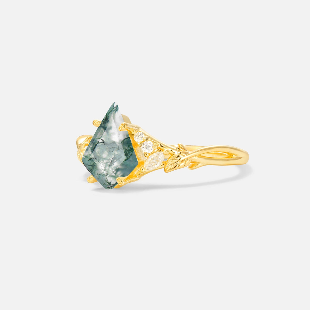 Kite Cut Moss Agate Engagement Ring with Marquise Side Stones and Vine Detail - Additional view