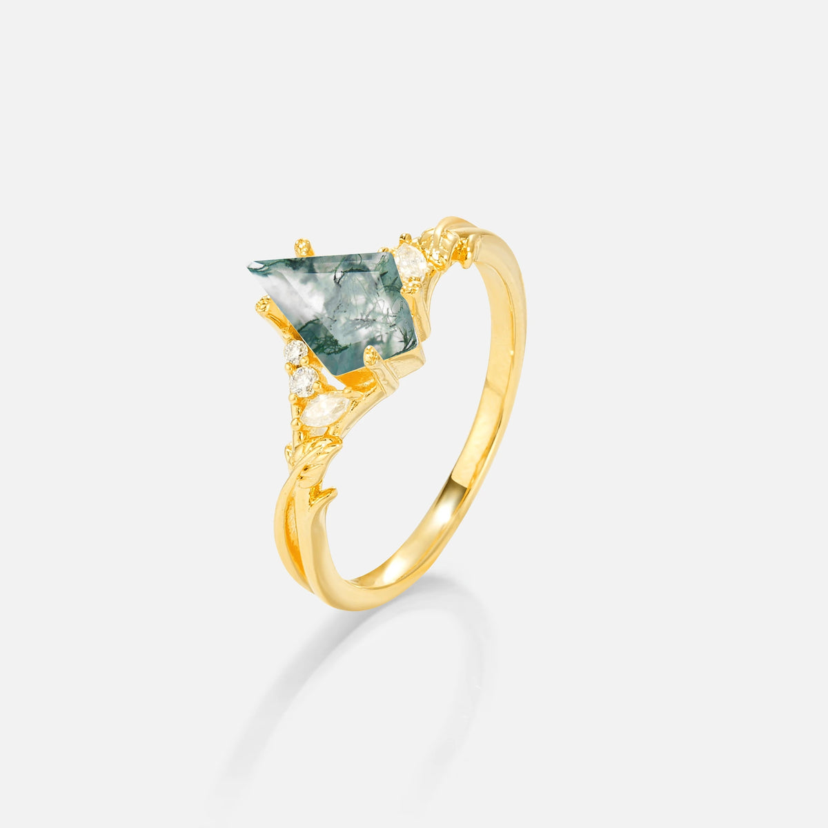Kite Cut Moss Agate Engagement Ring with Marquise Side Stones and Vine Detail - Additional view