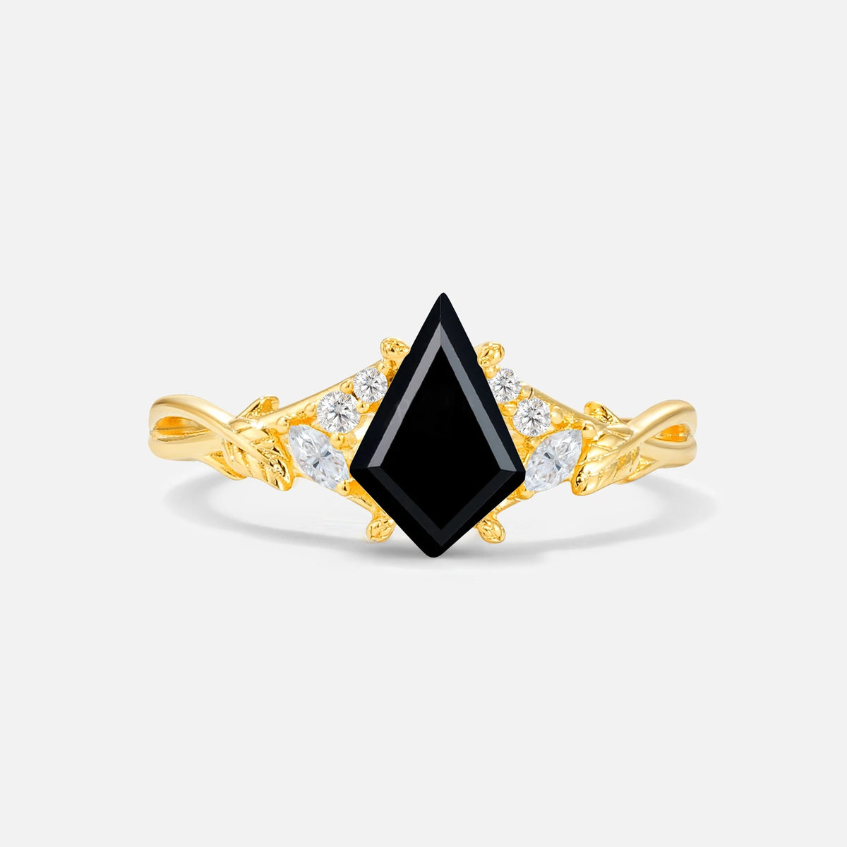 Kite Cut Black Onyx Engagement Ring with Marquise Side Stones and Vine Detail - Additional view