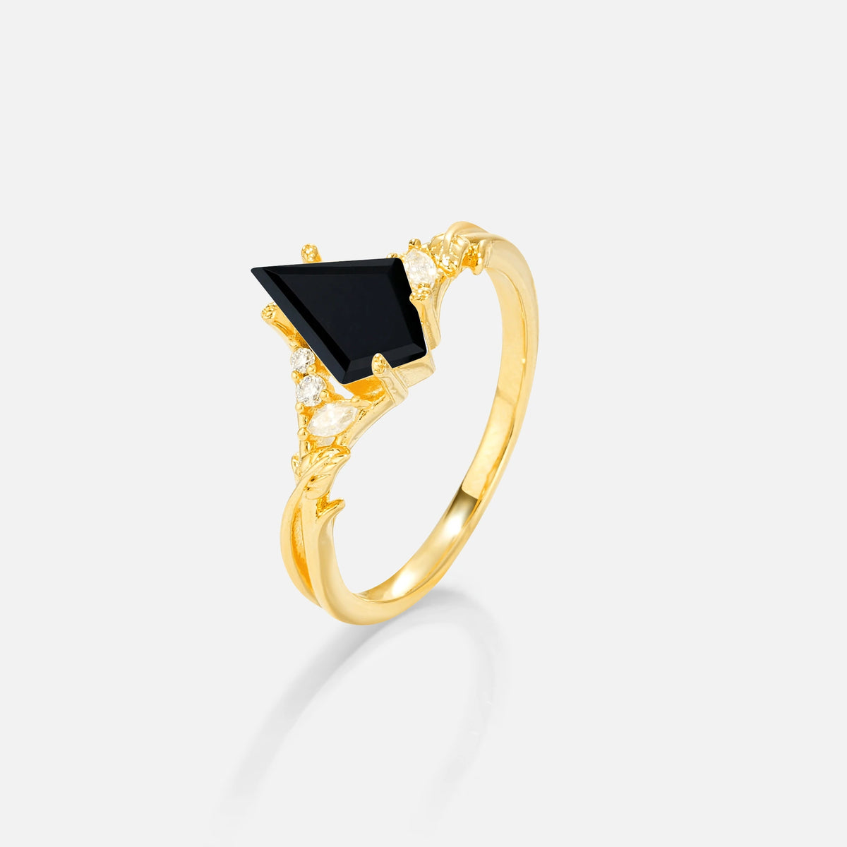 Kite Cut Black Onyx Engagement Ring with Marquise Side Stones and Vine Detail - Additional view