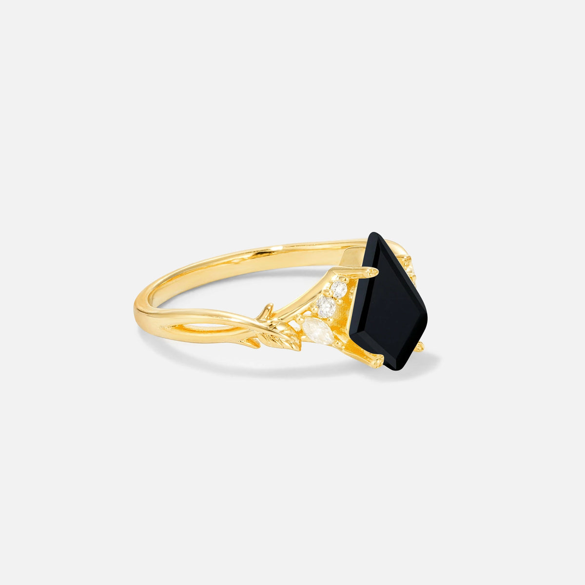 Kite Cut Black Onyx Engagement Ring with Marquise Side Stones and Vine Detail - Additional view