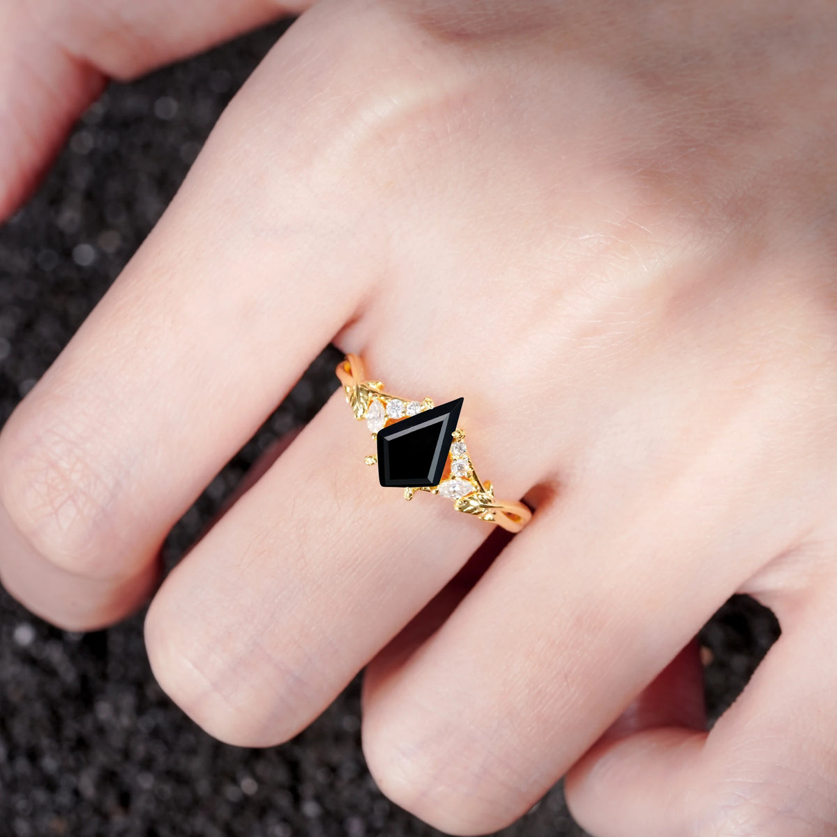 Kite Cut Black Onyx Engagement Ring with Marquise Side Stones and Vine Detail - Additional view