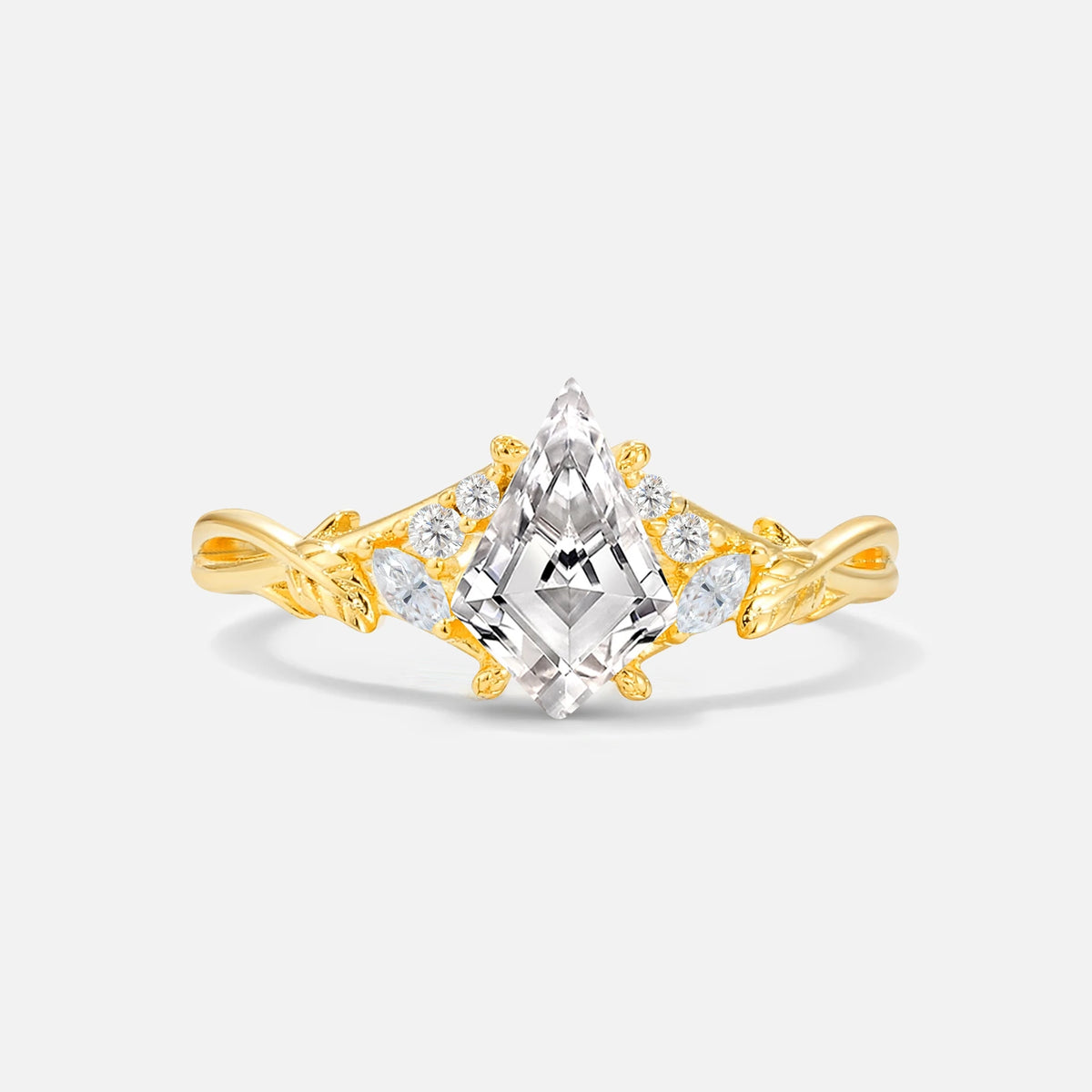 Kite Cut Lab Diamond Engagement Ring with Marquise Side Stones and Vine Detail - Additional view