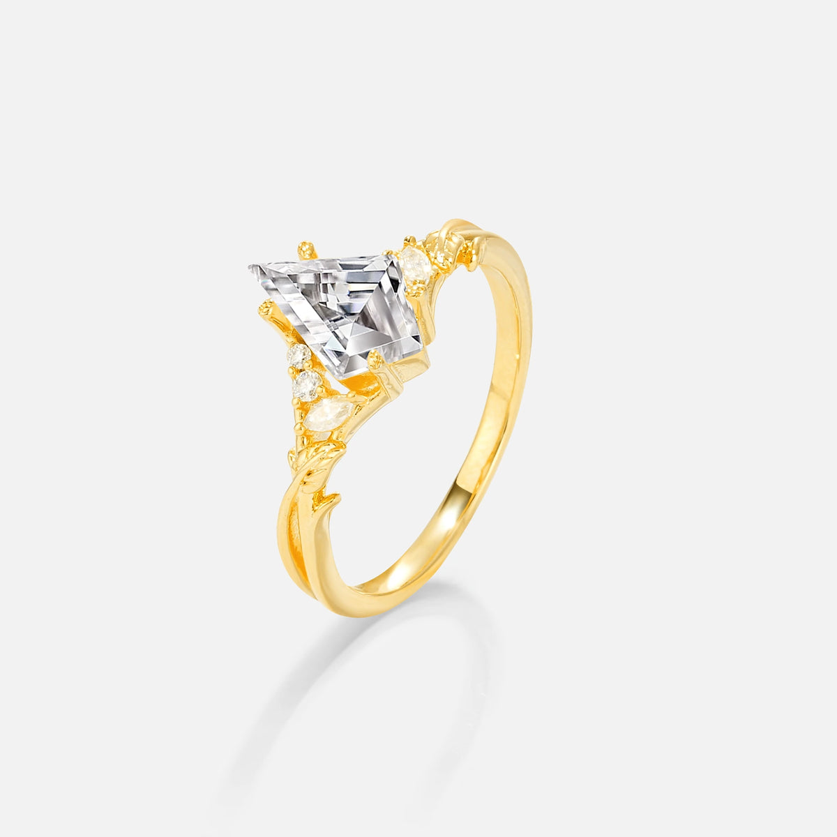 Kite Cut Lab Diamond Engagement Ring with Marquise Side Stones and Vine Detail - Additional view