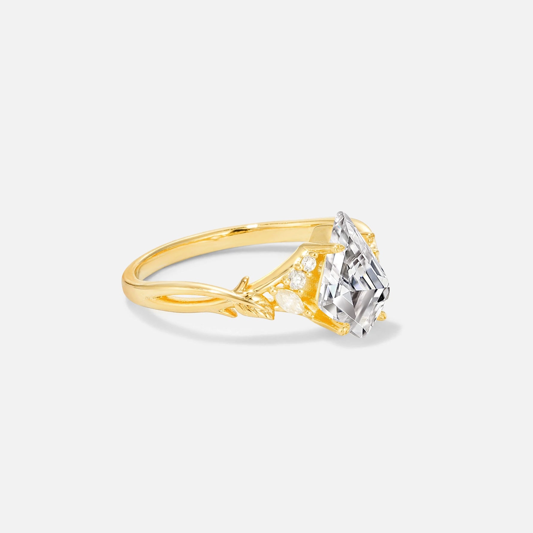 Kite Cut Lab Diamond Engagement Ring with Marquise Side Stones and Vine Detail - Additional view