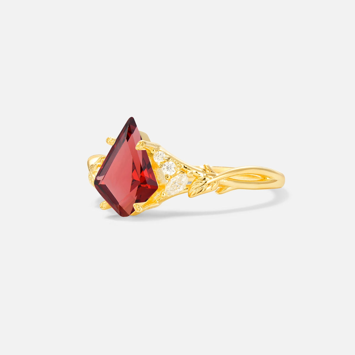 Kite Cut Garnet Engagement Ring with Marquise Side Stones and Vine Detail - Additional view