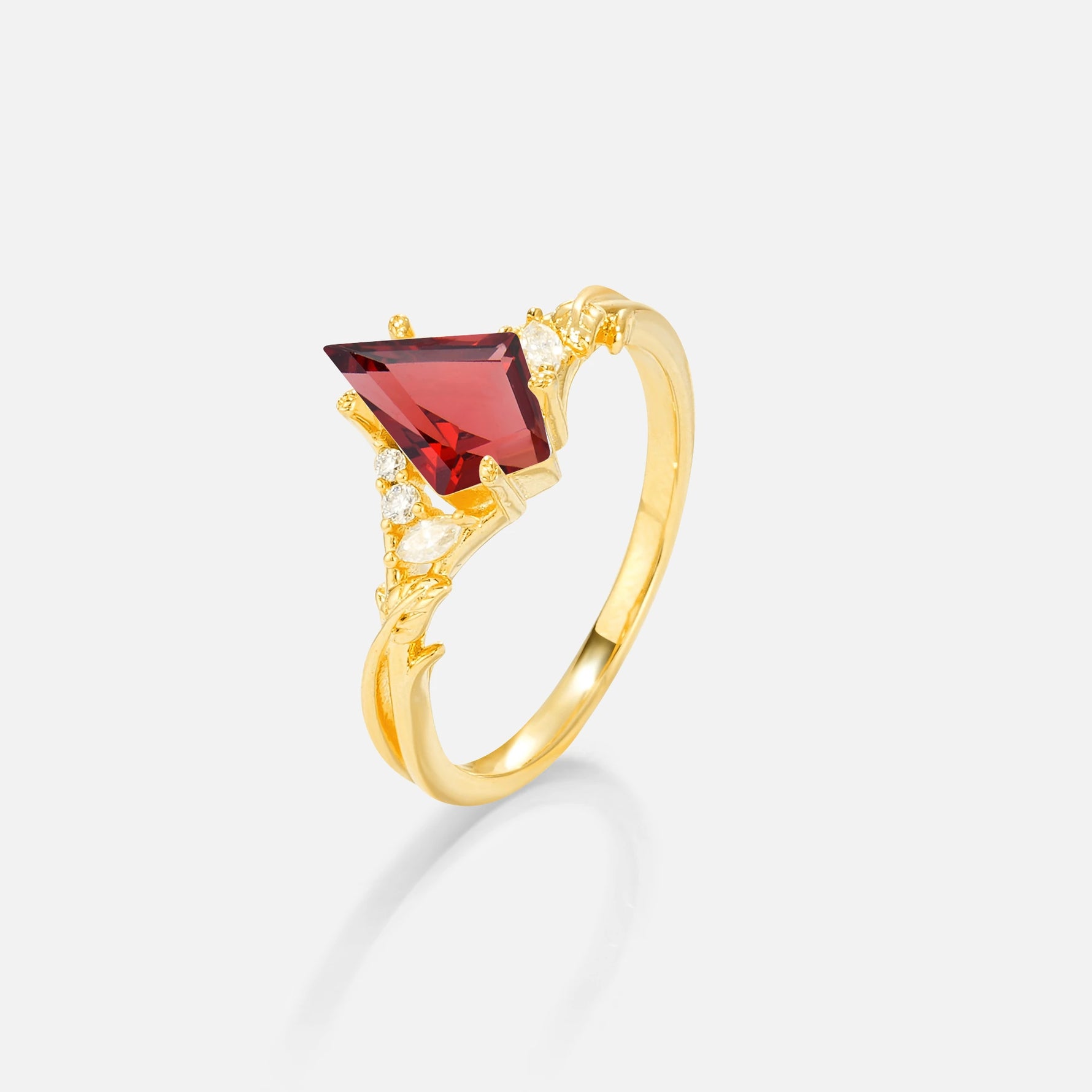 Kite Cut Garnet Engagement Ring with Marquise Side Stones and Vine Detail - Additional view