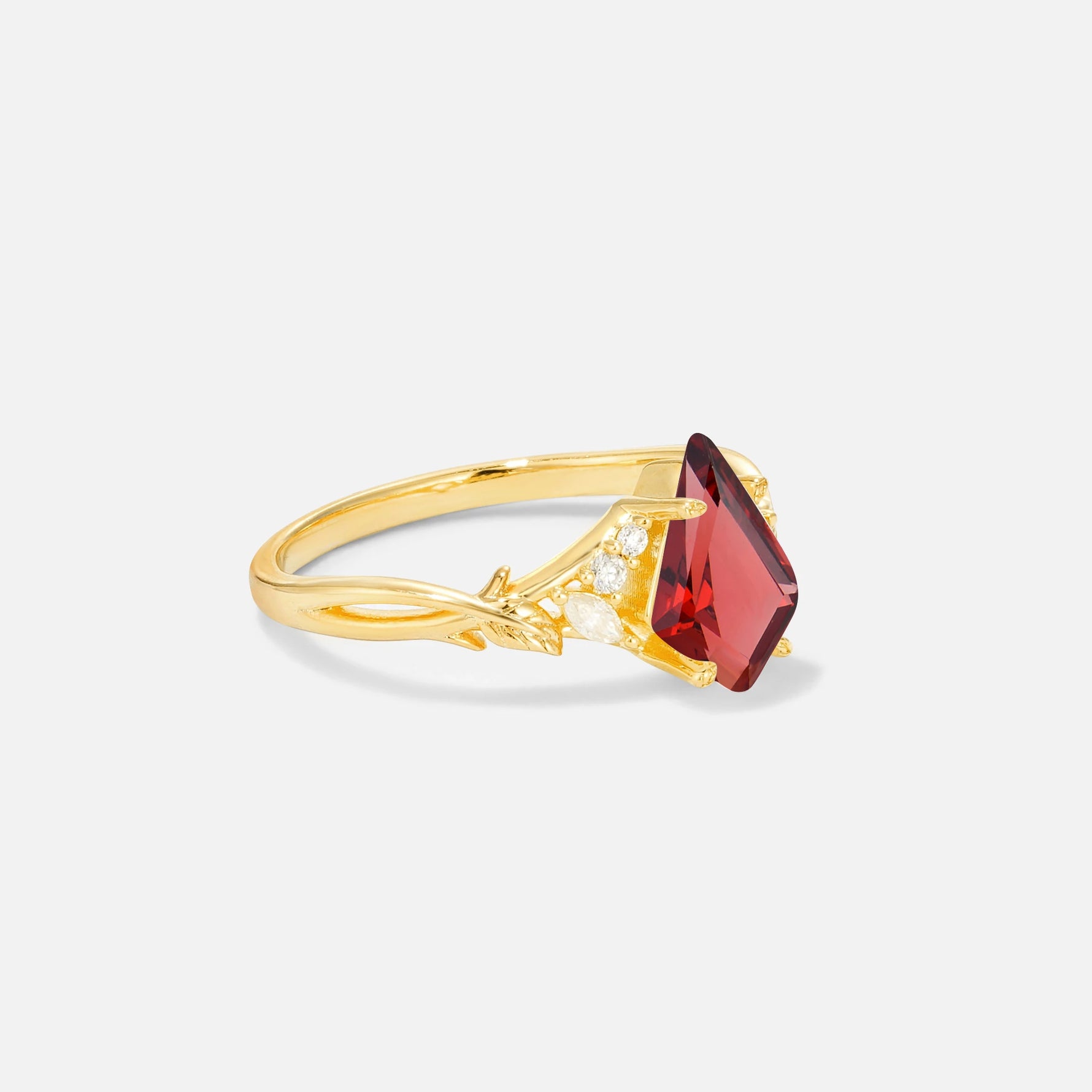 Kite Cut Garnet Engagement Ring with Marquise Side Stones and Vine Detail - Additional view