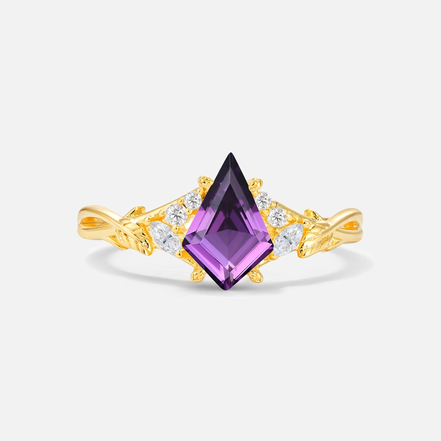 Kite Cut Amethyst Engagement Ring with Marquise Side Stones and Vine Detail - Additional view
