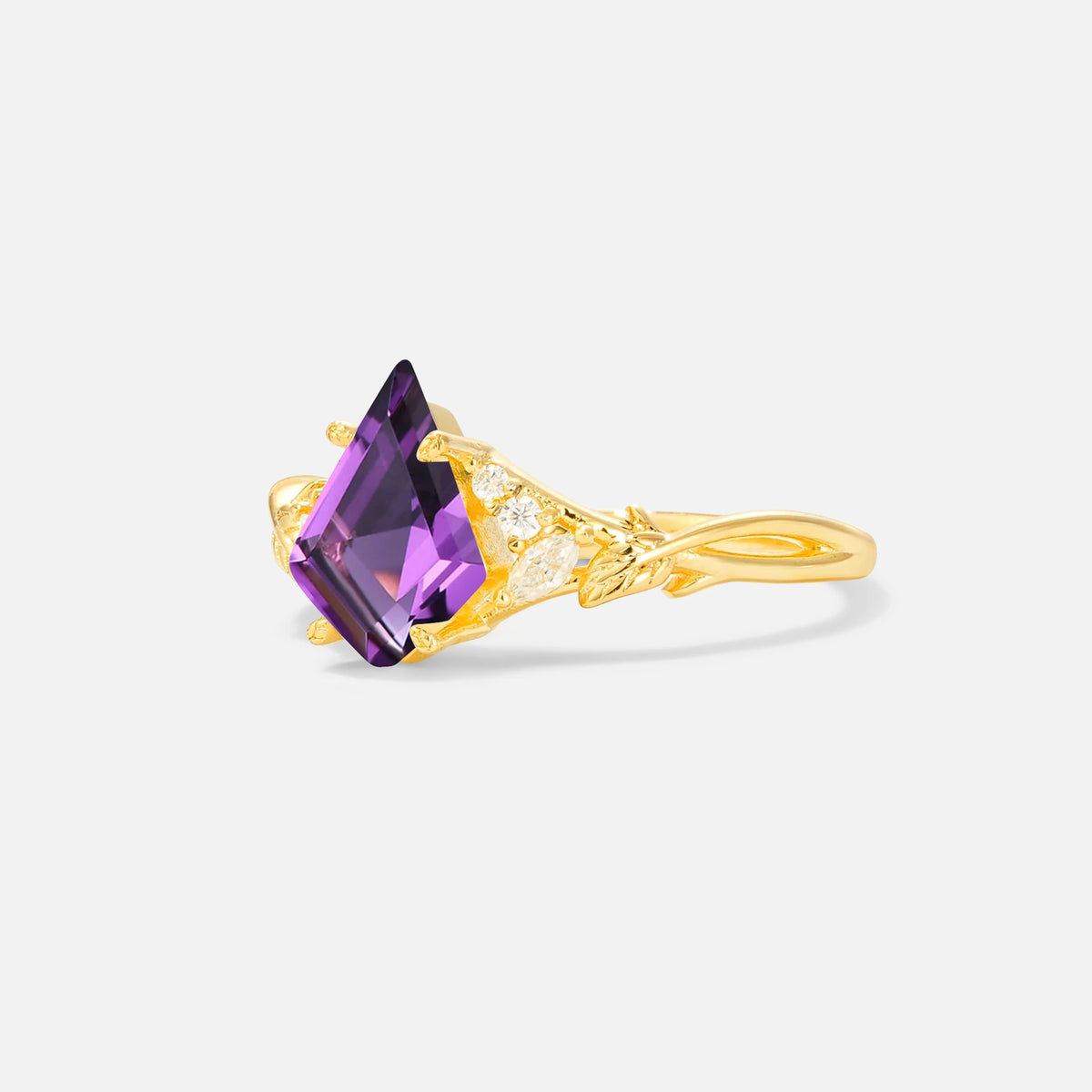 Kite Cut Amethyst Engagement Ring with Marquise Side Stones and Vine Detail - Additional view