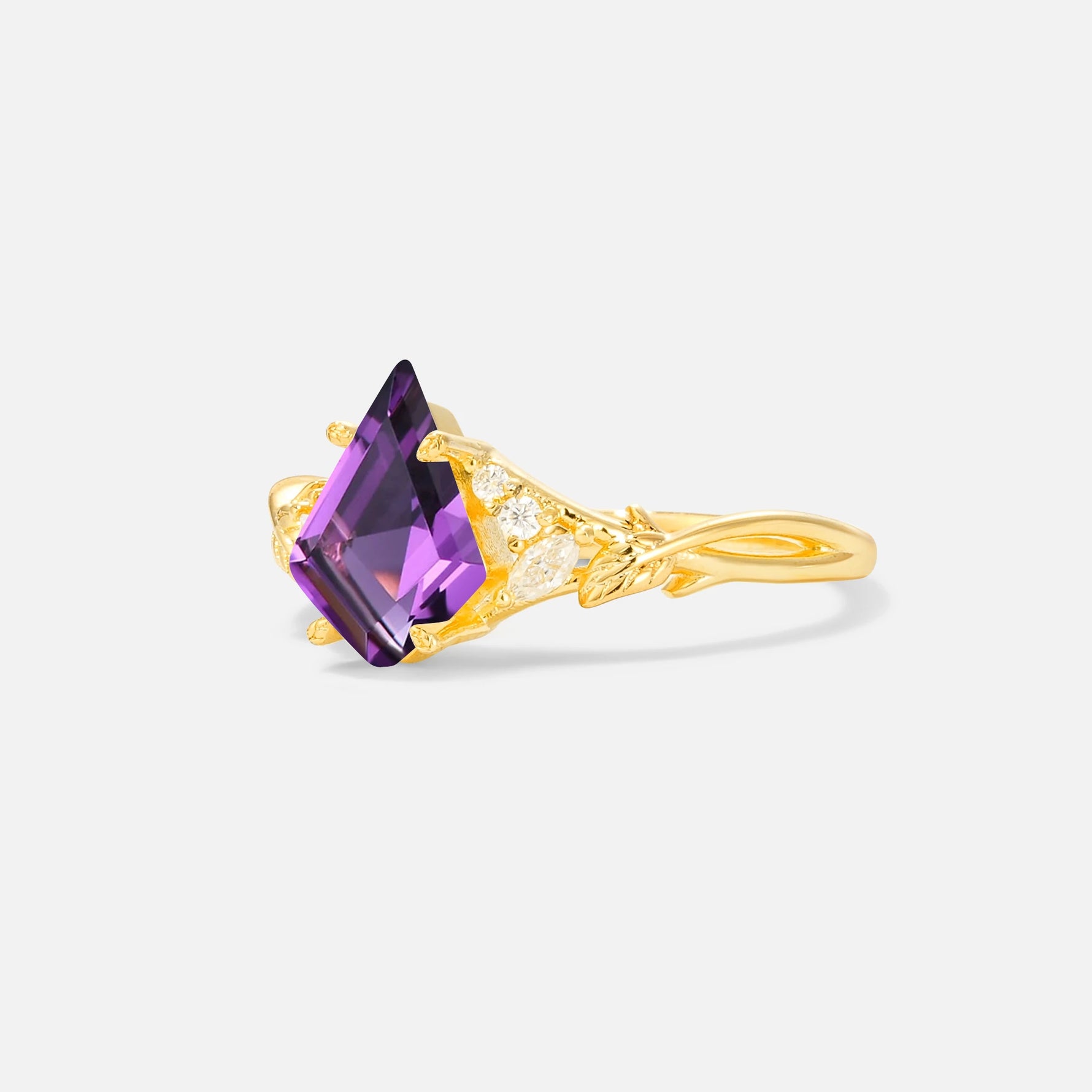 Kite Cut Amethyst Engagement Ring with Marquise Side Stones and Vine Detail - Additional view