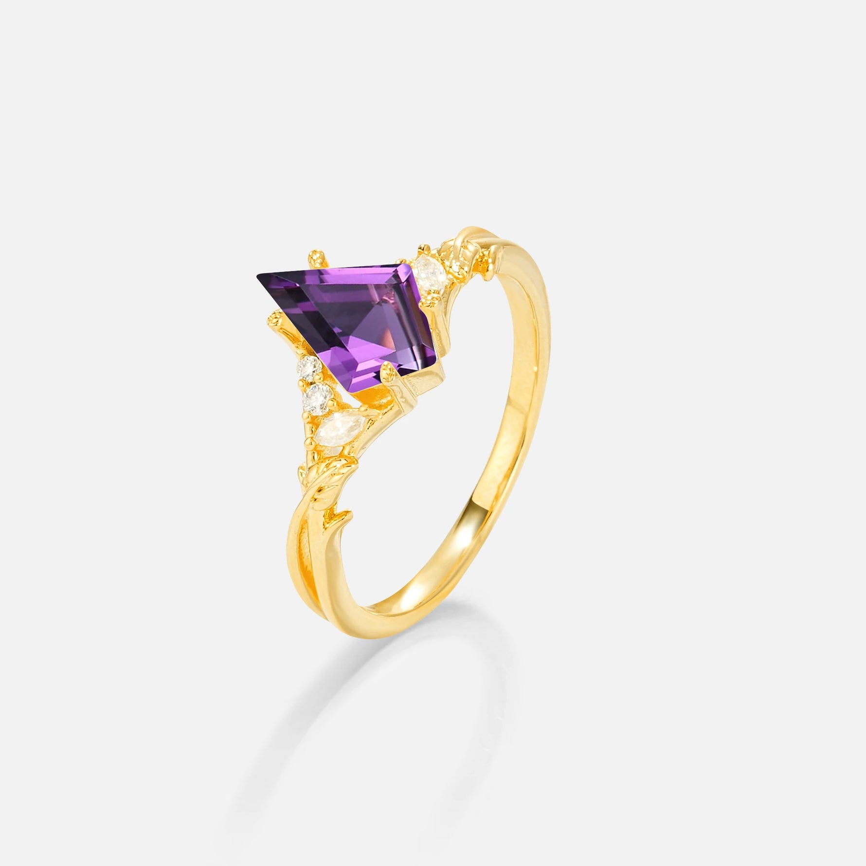 Kite Cut Amethyst Engagement Ring with Marquise Side Stones and Vine Detail - Additional view