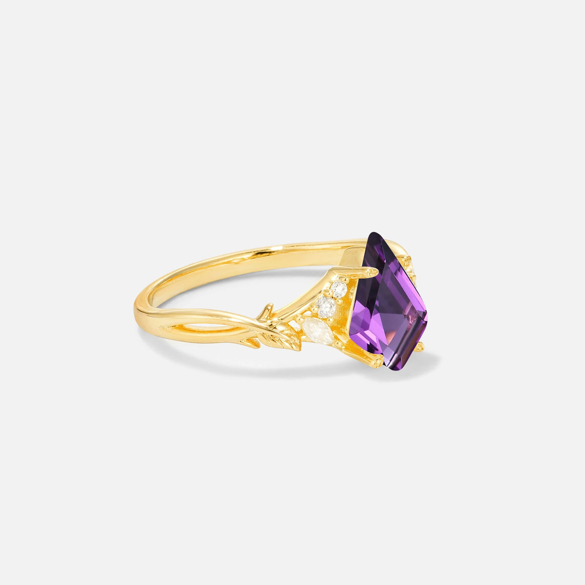 Kite Cut Amethyst Engagement Ring with Marquise Side Stones and Vine Detail - Additional view