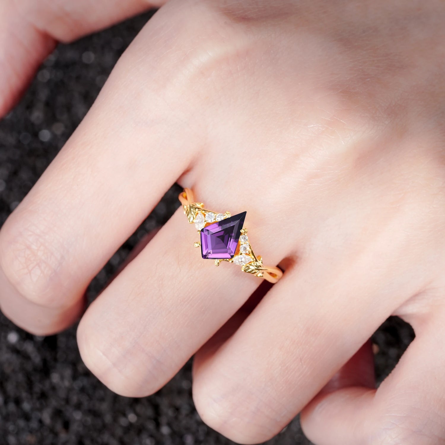 Kite Cut Amethyst Engagement Ring with Marquise Side Stones and Vine Detail - Additional view