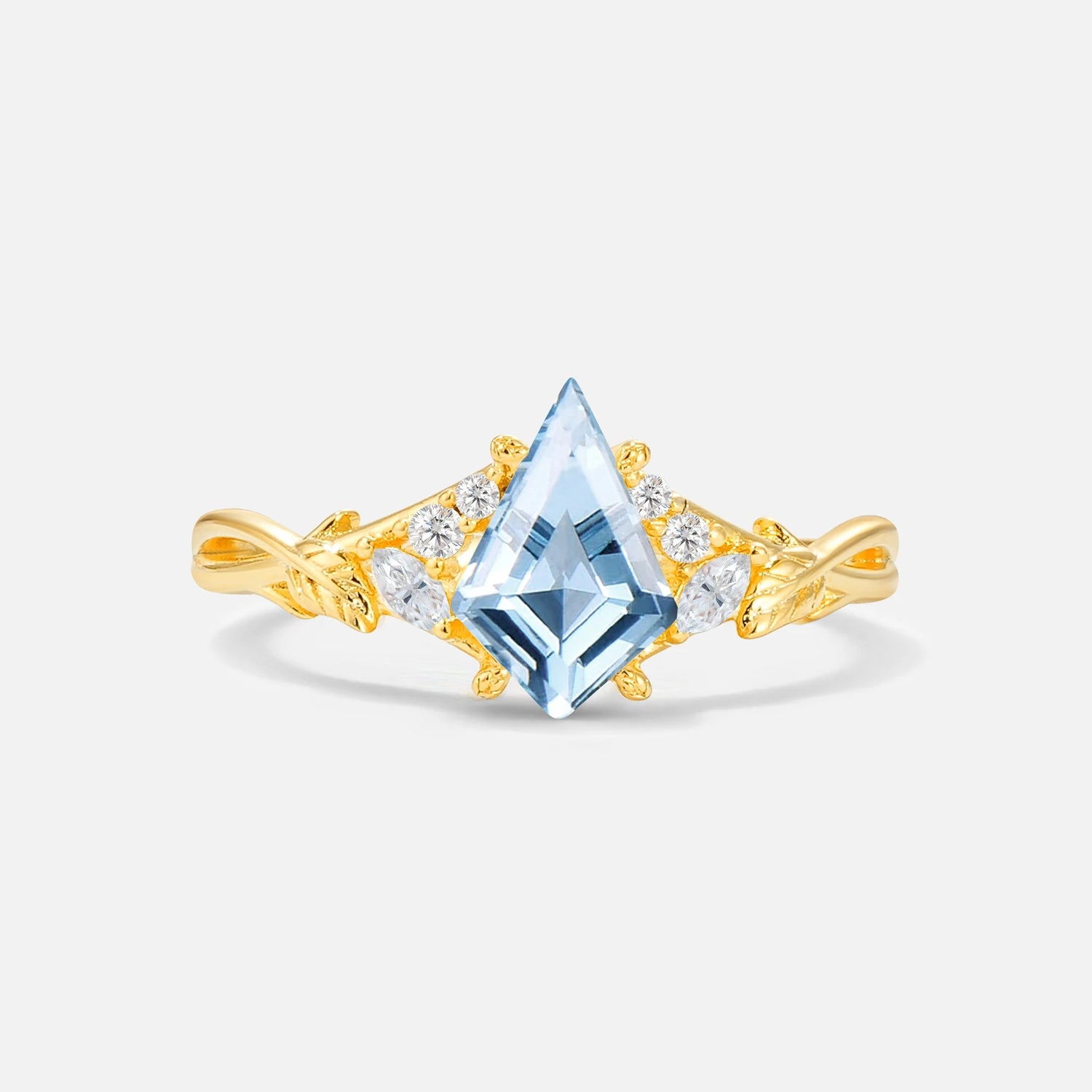 Kite Cut Aquamarine Engagement Ring with Marquise Side Stones and Vine Detail - Additional view