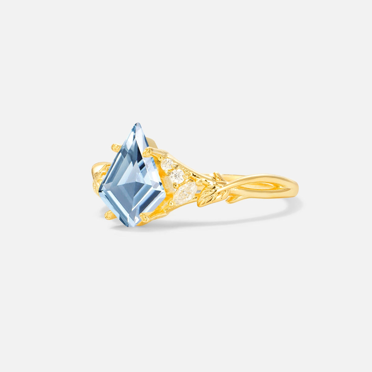 Kite Cut Aquamarine Engagement Ring with Marquise Side Stones and Vine Detail - Additional view