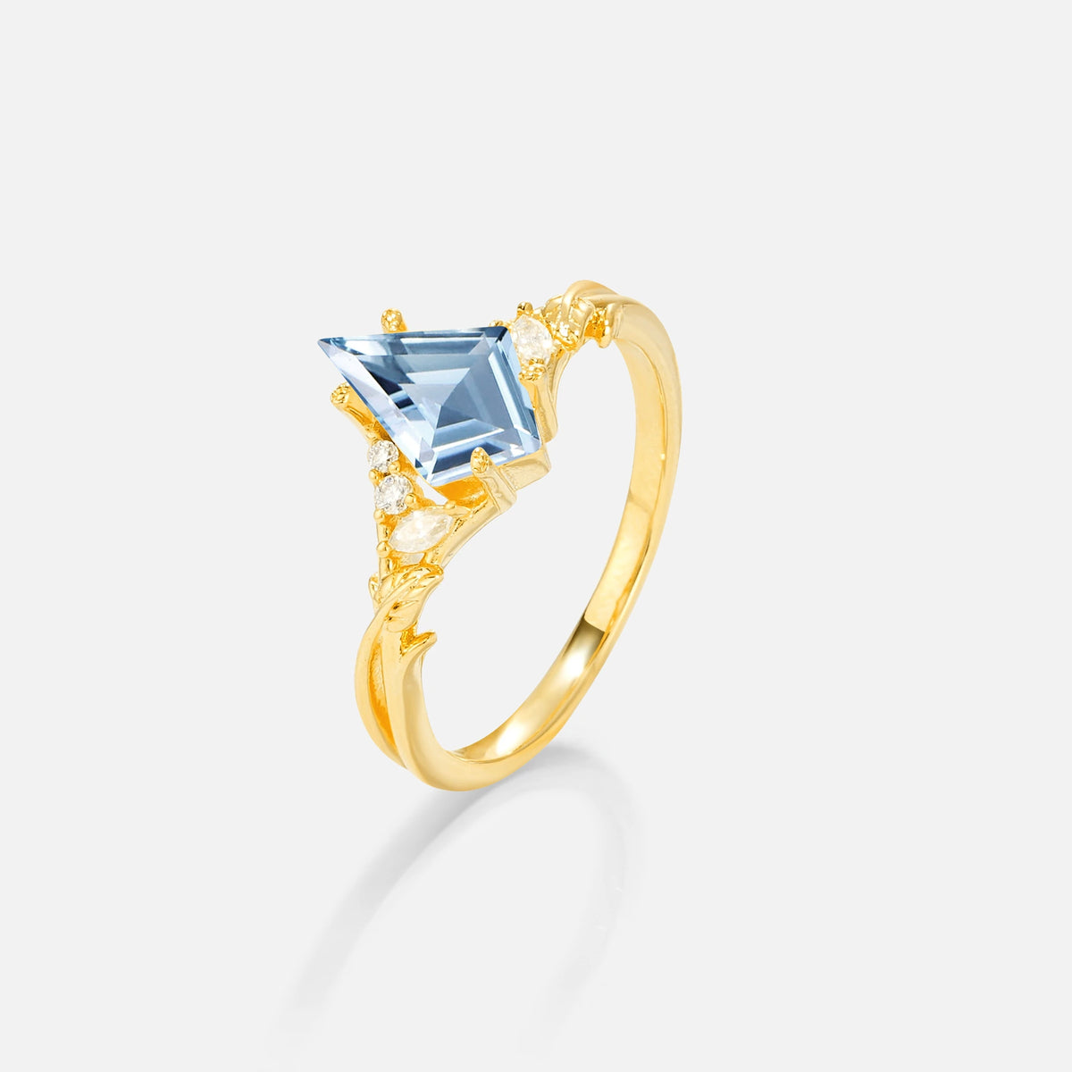 Kite Cut Aquamarine Engagement Ring with Marquise Side Stones and Vine Detail - Additional view