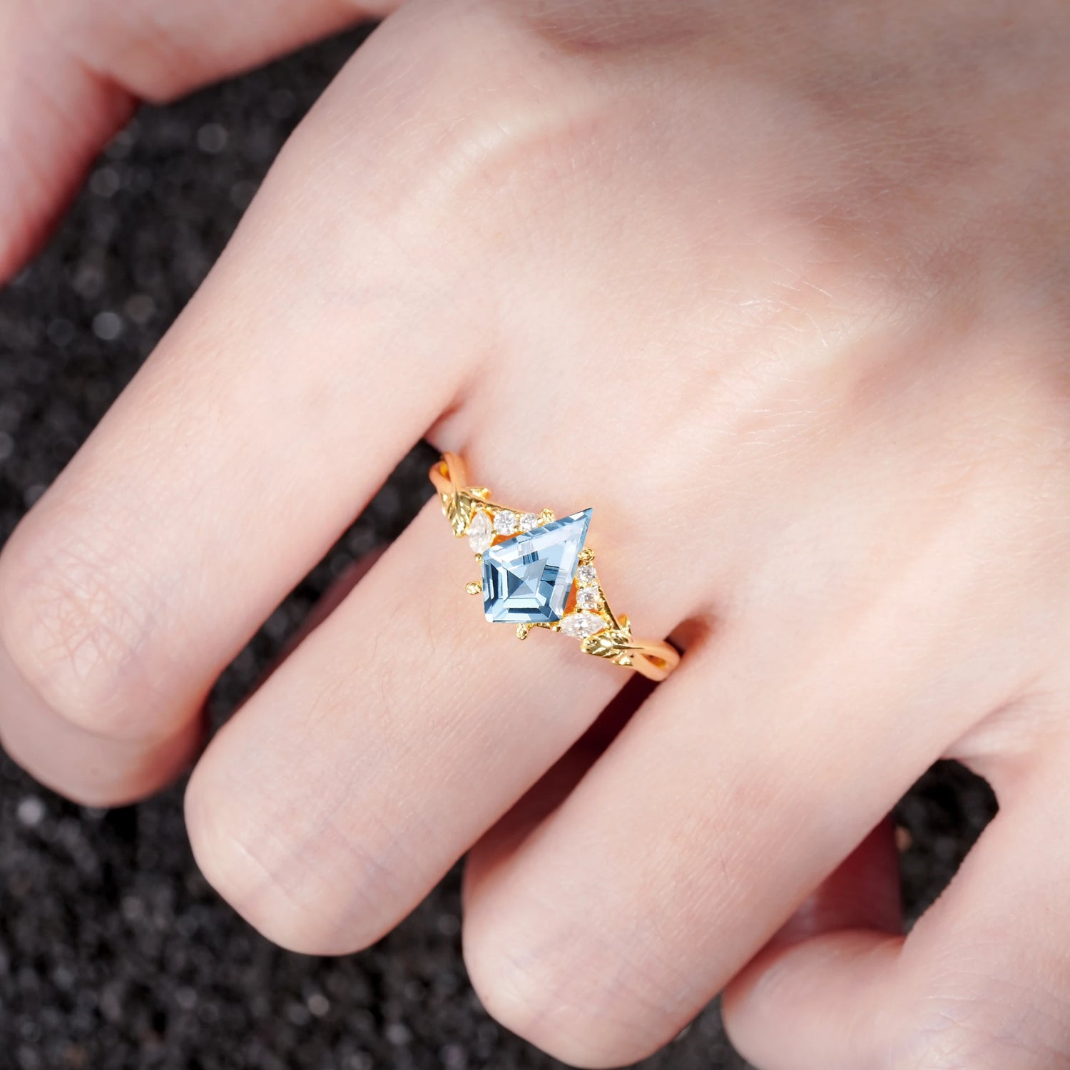 Kite Cut Aquamarine Engagement Ring with Marquise Side Stones and Vine Detail - Additional view