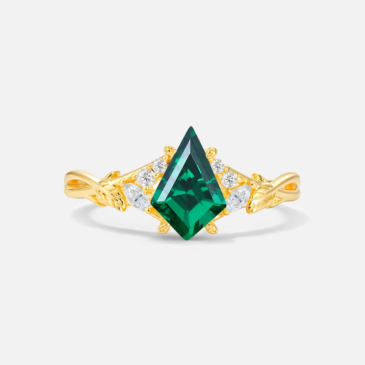Kite Cut Emerald Engagement Ring with Marquise Side Stones and Vine Detail - Additional view