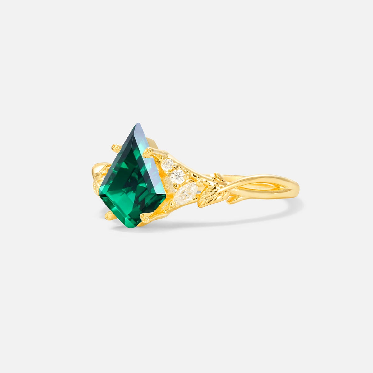 Kite Cut Emerald Engagement Ring with Marquise Side Stones and Vine Detail - Additional view
