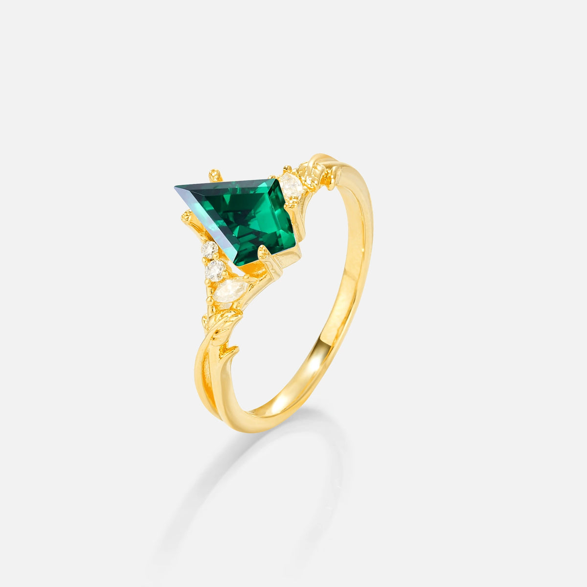 Kite Cut Emerald Engagement Ring with Marquise Side Stones and Vine Detail - Additional view