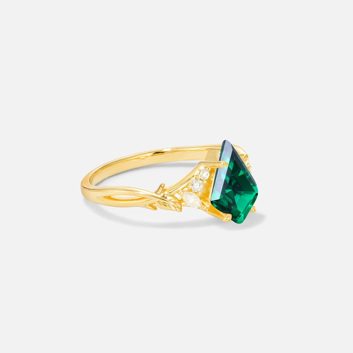 Kite Cut Emerald Engagement Ring with Marquise Side Stones and Vine Detail - Additional view