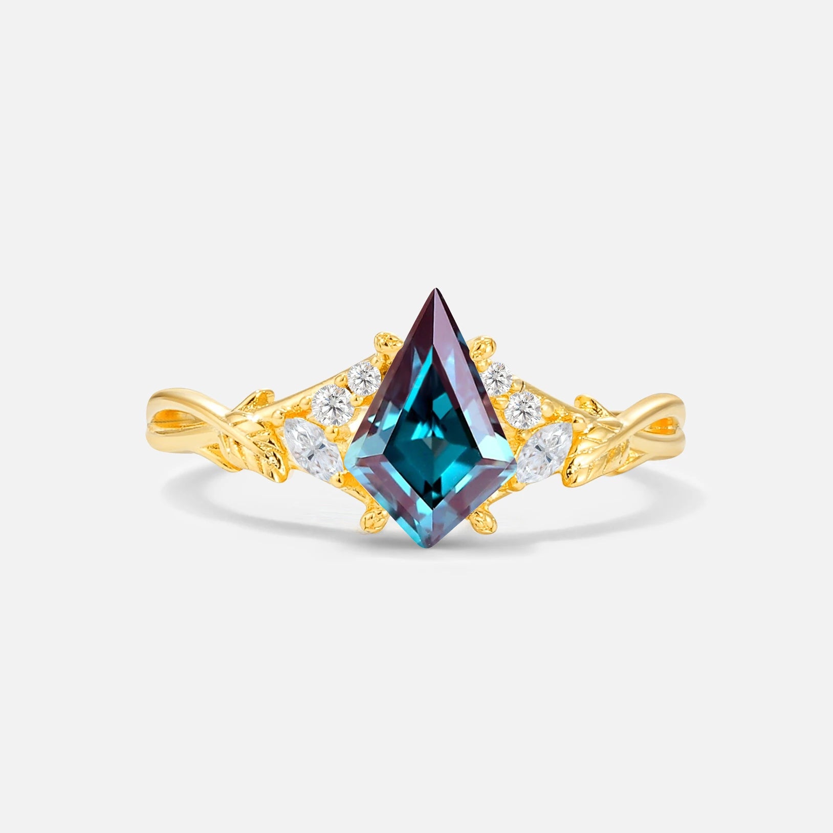 Kite Cut Alexandrite Engagement Ring with Marquise Side Stones and Vine Detail - Additional view