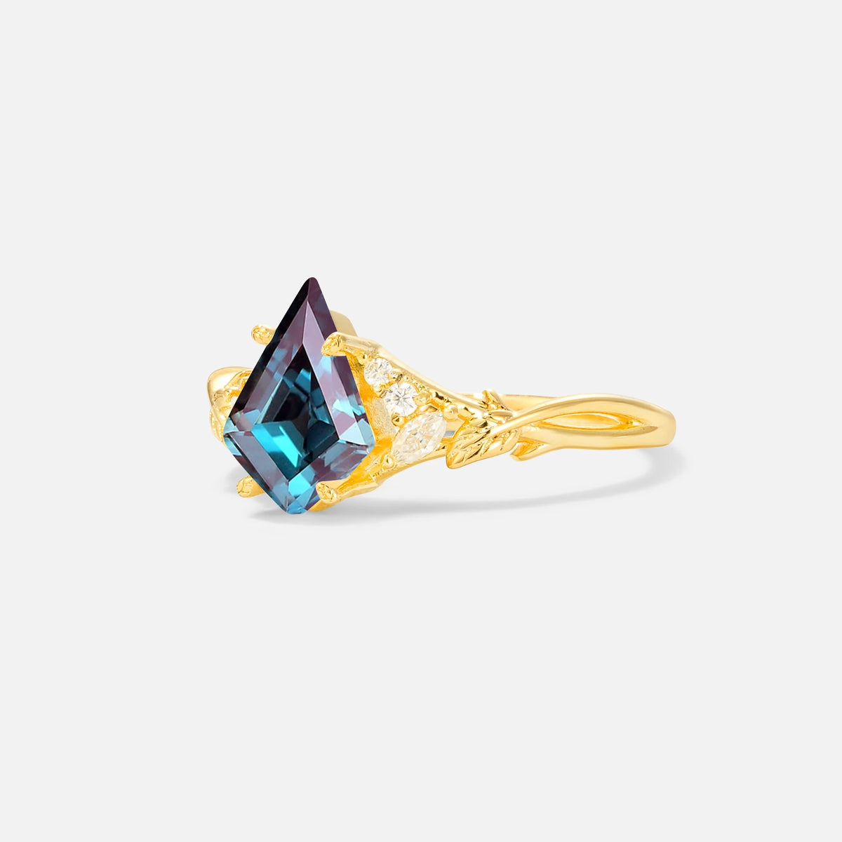 Kite Cut Alexandrite Engagement Ring with Marquise Side Stones and Vine Detail - Additional view