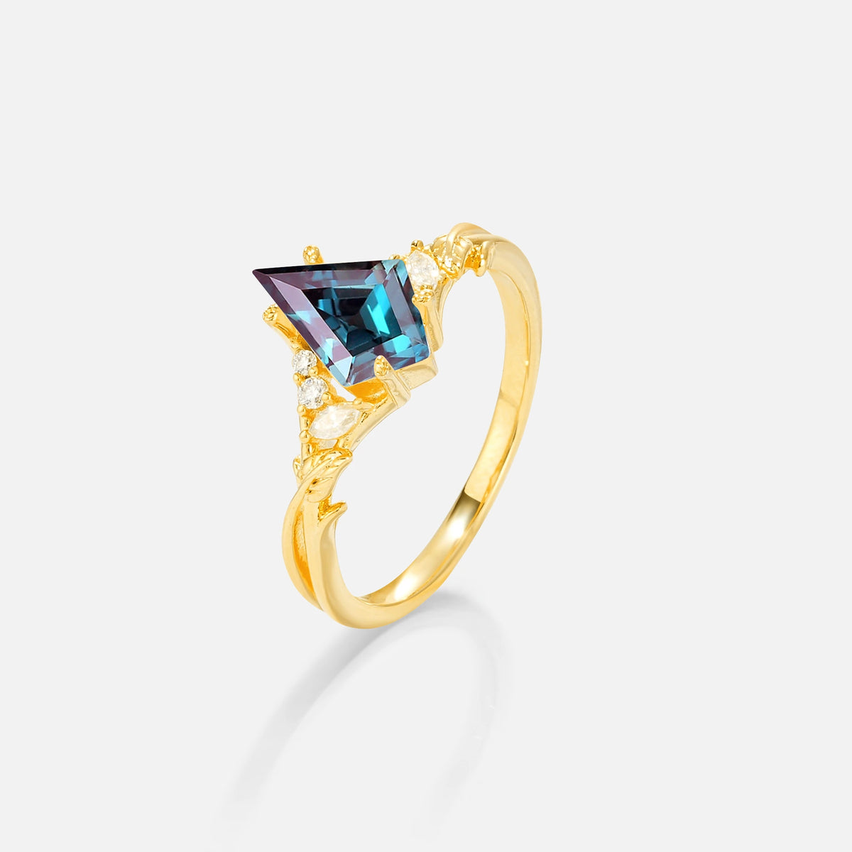 Kite Cut Alexandrite Engagement Ring with Marquise Side Stones and Vine Detail - Additional view